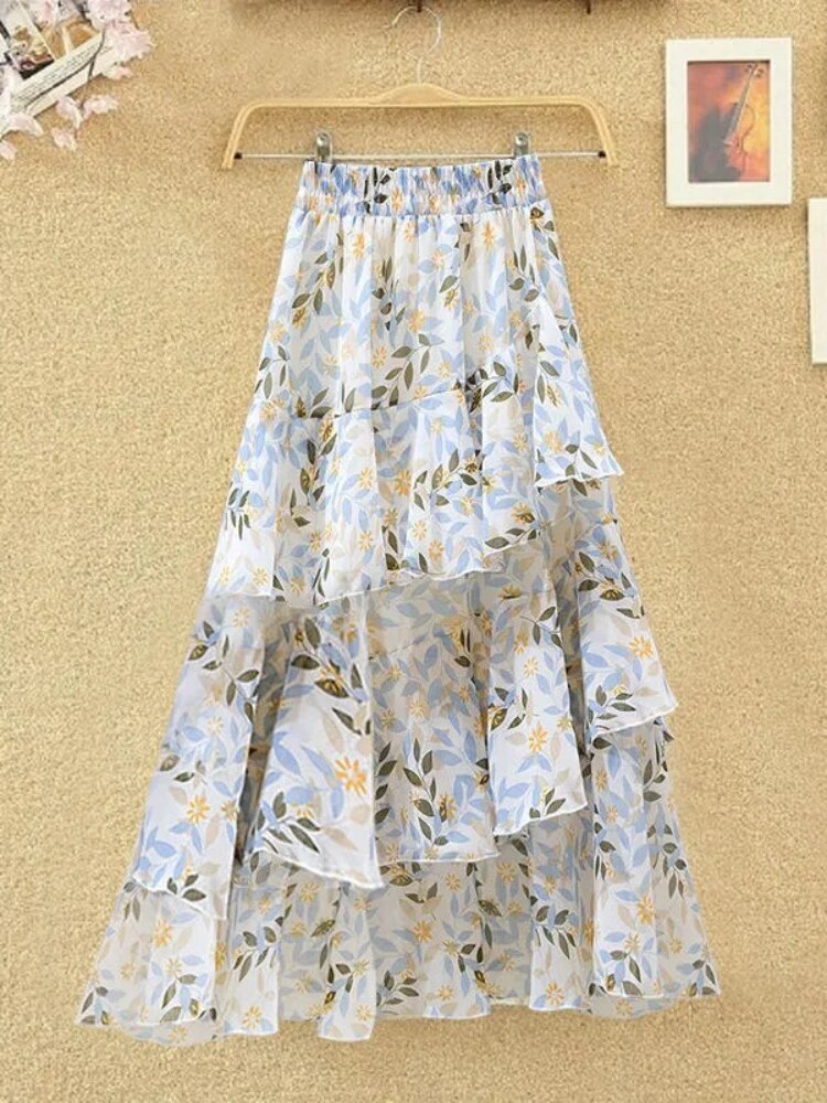 Gbolsos New Temperament Skirt Summer Floral Irregular Ruffle All-match A-line Skirt Breathable Fairy Cake Skirt Fashion Party