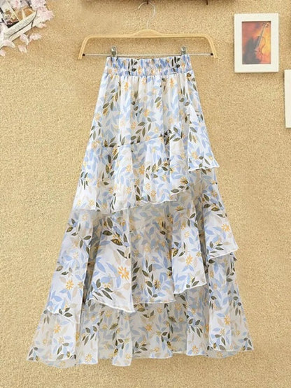Gbolsos New Temperament Skirt Summer Floral Irregular Ruffle All-match A-line Skirt Breathable Fairy Cake Skirt Fashion Party