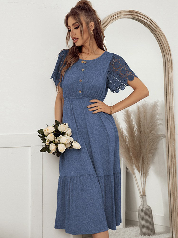 New Lace Short Sleeve Knitting Dress For Women Casual Solid O Neck Button Ladies Spring Summer Medium Long Elegant Dress