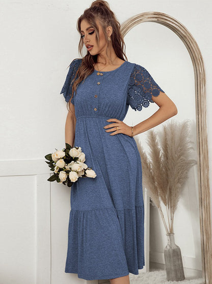 New Lace Short Sleeve Knitting Dress For Women Casual Solid O Neck Button Ladies Spring Summer Medium Long Elegant Dress