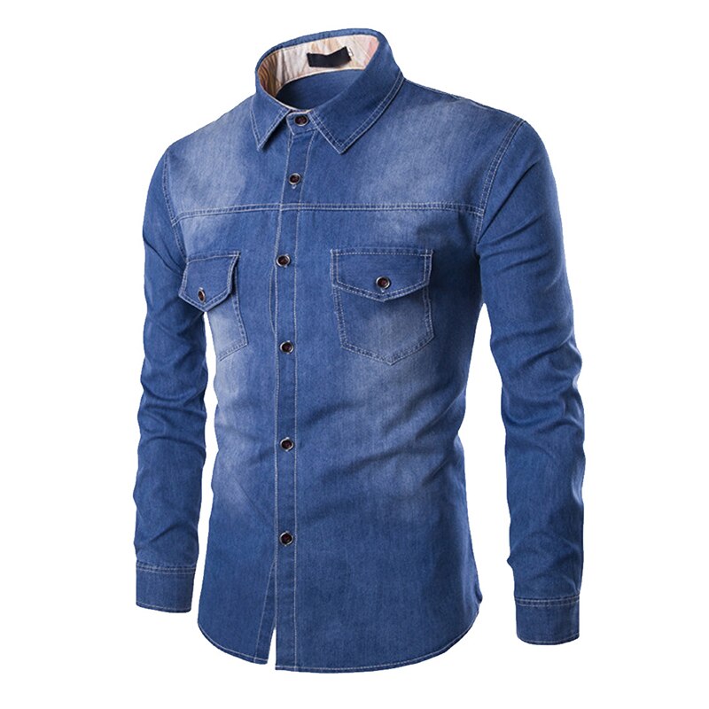 Gbolsos Fashion Mens Denim Shirt Long Sleeve Plus Size Cotton Jeans Cardigan Casual Slim Fit Shirts Men Two-pocket Tops Clothing M-6XL