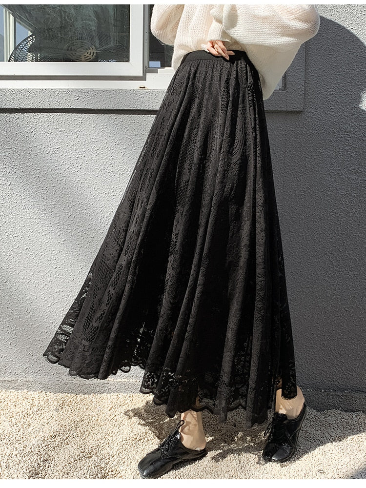 Skirts Summer Woman   Elegant and Elegant Hollow Lace Skirt High-waisted Slim Mid-length A-line Skirt Pleated  White Skirt