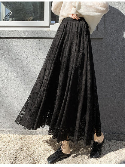 Skirts Summer Woman   Elegant and Elegant Hollow Lace Skirt High-waisted Slim Mid-length A-line Skirt Pleated  White Skirt