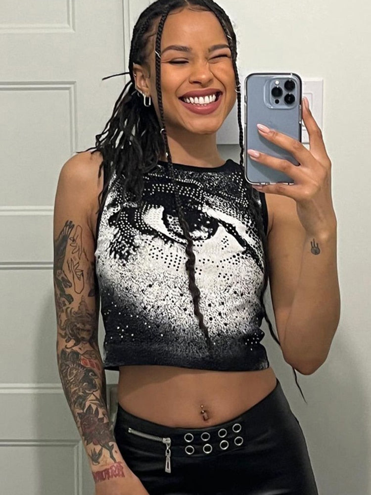 Black Crop Top Summer Knit Red Tank Tops Women Clothes   Rhinestones Vest Sleeveless Tanks Cami Basic Tees Sexy Top Cropped