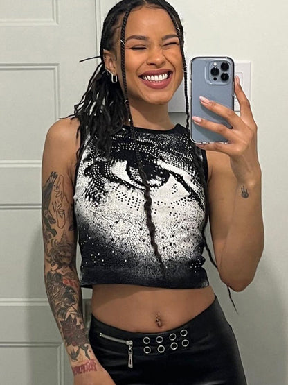 Black Crop Top Summer Knit Red Tank Tops Women Clothes   Rhinestones Vest Sleeveless Tanks Cami Basic Tees Sexy Top Cropped