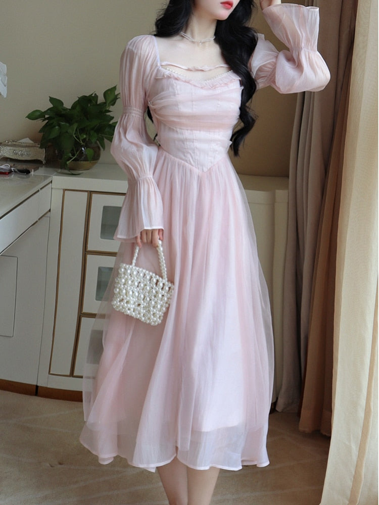 Gbolsos Elegant Evening Party Midi Dress Women Bubble Sleeve French Vintage Sweet Dress Female Pink Korean Style Fairy Dress Autumn