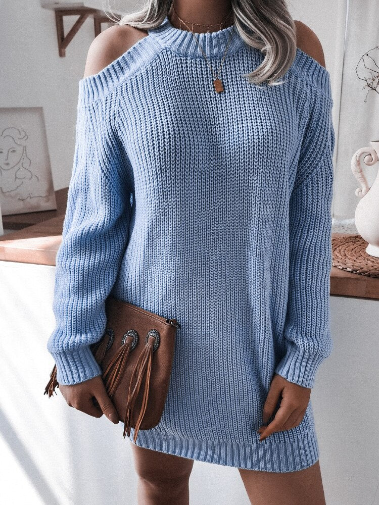 Gbolsos Sexy Off Shoulder Long Sleeve Sweater Dress Elegant Solid Loose Casual Knitted Mini Dress Female Vestido Women Autumn Clothes