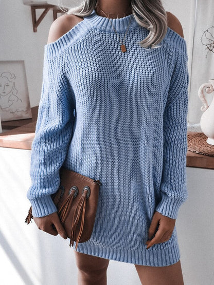Gbolsos Sexy Off Shoulder Long Sleeve Sweater Dress Elegant Solid Loose Casual Knitted Mini Dress Female Vestido Women Autumn Clothes
