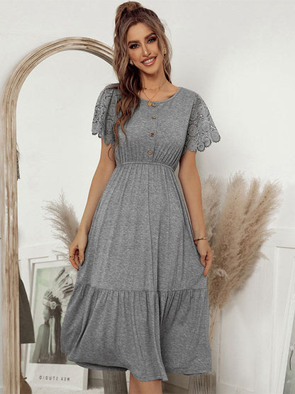 New Lace Short Sleeve Knitting Dress For Women Casual Solid O Neck Button Ladies Spring Summer Medium Long Elegant Dress