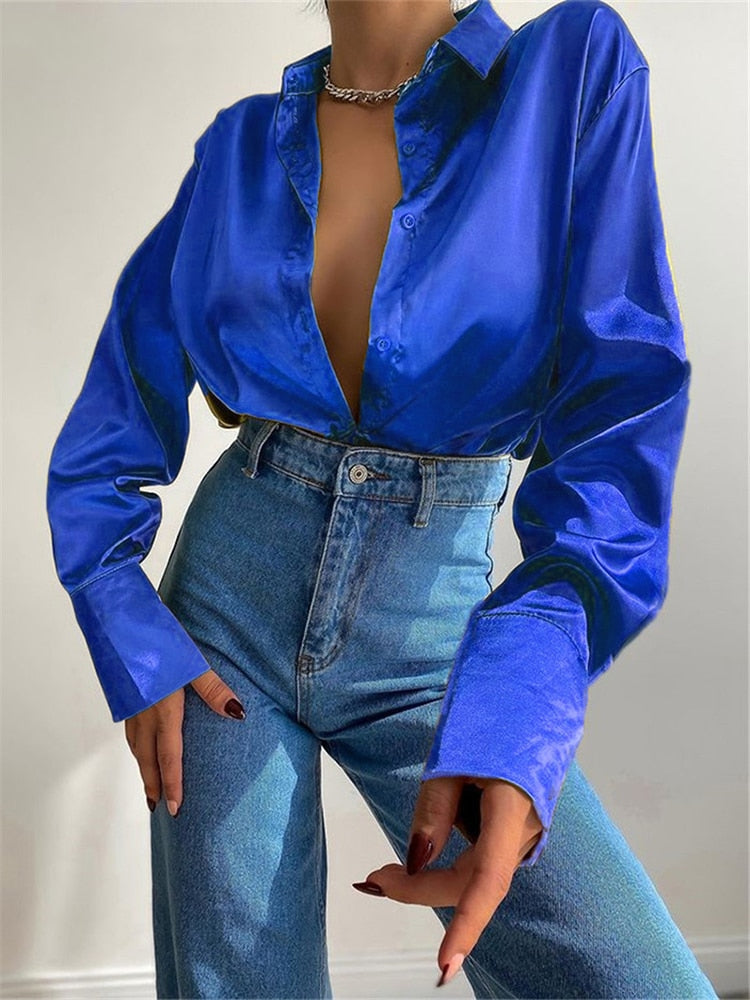 Satin Blouses Women Shirt Button Up Long Sleeve Ladies Tops Vintage Clothes Chic Woman Blouse Collared Shirt Sheer Top Female