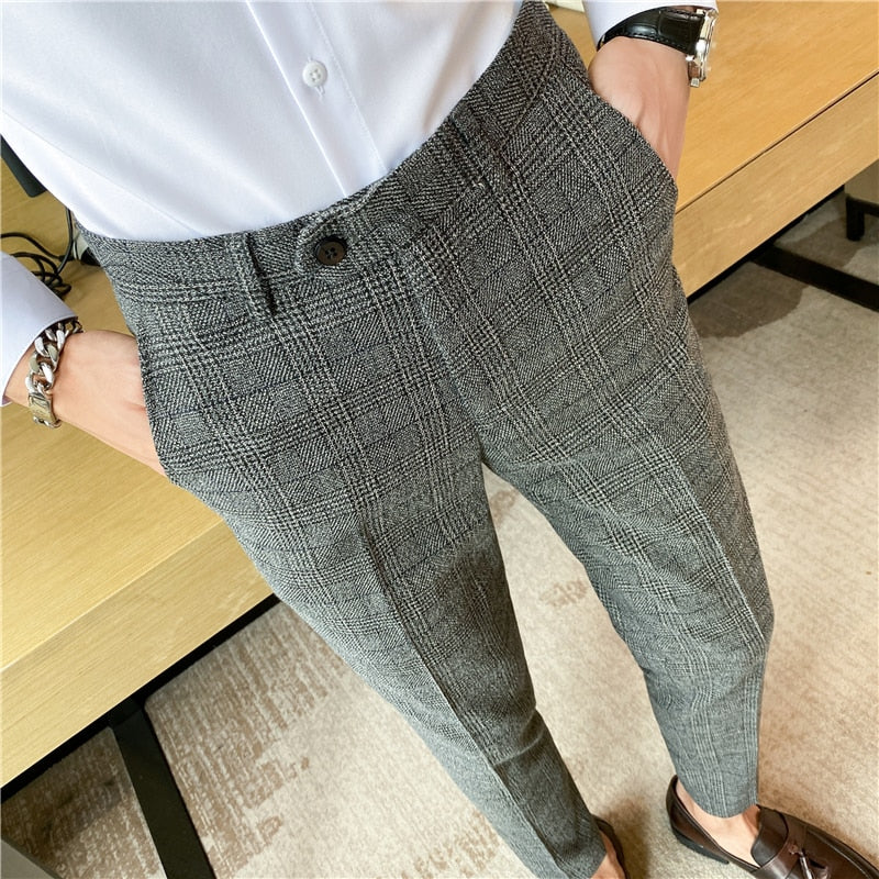 Gbolsos Autumn Winter Plaid Business Dress Pants Men Formal Office Social Suit Pants British Style Casual Slim Fit Trousers Men Clothing