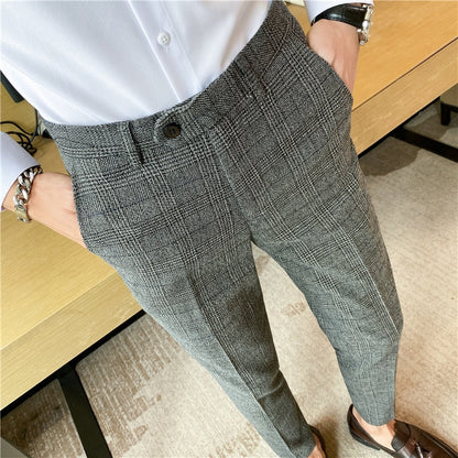 Gbolsos Autumn Winter Plaid Business Dress Pants Men Formal Office Social Suit Pants British Style Casual Slim Fit Trousers Men Clothing