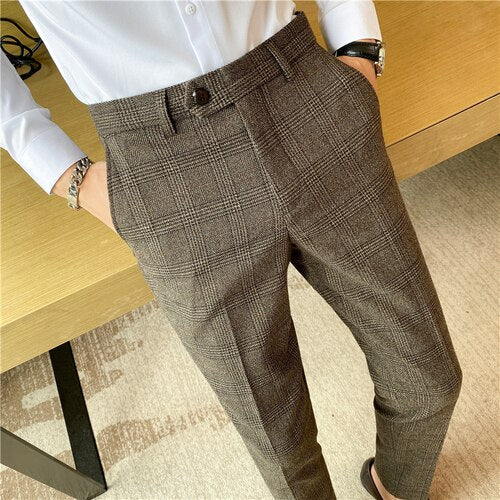 Gbolsos Autumn Winter Plaid Business Dress Pants Men Formal Office Social Suit Pants British Style Casual Slim Fit Trousers Men Clothing