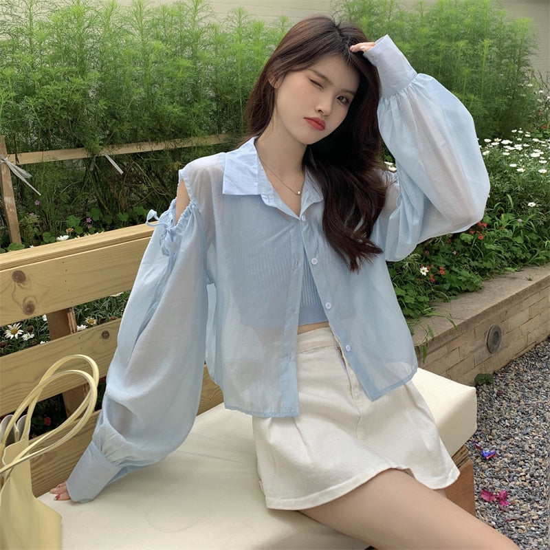 Gbolsos Shirts Women Hole Temperament Sun-proof Ins Vacation Thin Korean Style Sheer Off-shoulder BF Summer Students Beach