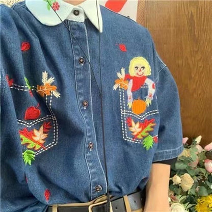 Gbolsos2022 Men's Cartoon Embroidered Denim Short Sleeved Shirts Fashion Trend Brand Lapel Collar Denim Coats Blue Color Shirts M-XL