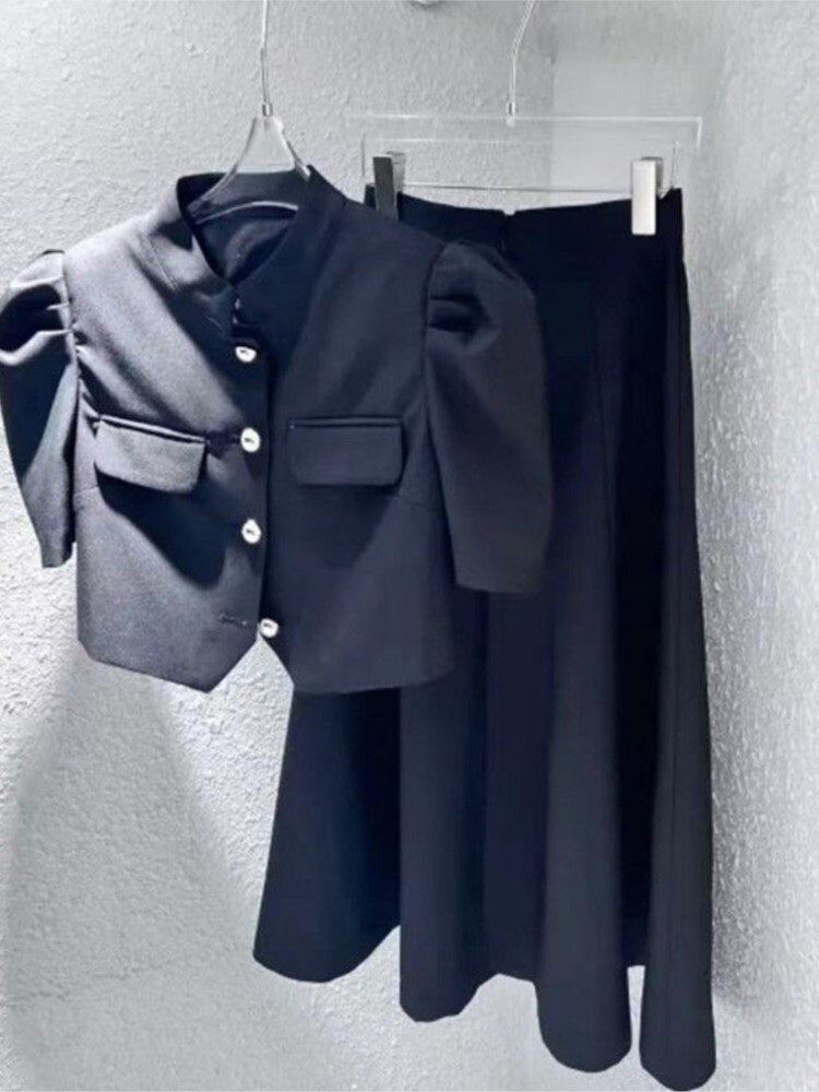 Gbolsos High Quality New Summer Fashion Korean Sweet Elegant 2 Piece Set Women Crop Top Shirt Blouse Midi Skirt Suits Two Piece Outfits