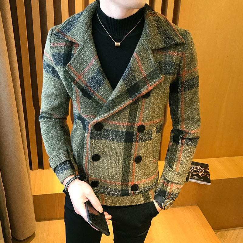 Gbolsos Autumn Winter New Double-Breasted Windbreaker Slim Short Men Woolen Coat Fashion Retro Plaid Thick Casual Windbreaker Coat