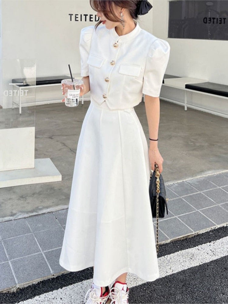 Gbolsos High Quality New Summer Fashion Korean Sweet Elegant 2 Piece Set Women Crop Top Shirt Blouse Midi Skirt Suits Two Piece Outfits