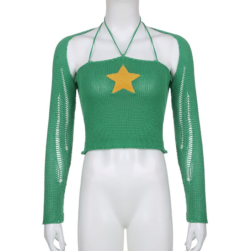 Gbolsos Knit Two Piece Set Y2K Star Crop Top And Bolero Cardigan Women Sexy Night Club Festival Outfit Knitwear Co ord Set White Green