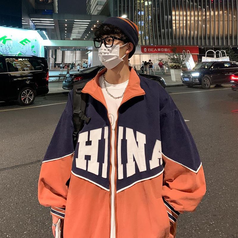 Letter retro baseball uniform jacket men's SS Japan style loose contrast color casual stand collar varsity jacket unisex top