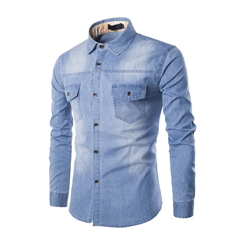 Gbolsos Fashion Mens Denim Shirt Long Sleeve Plus Size Cotton Jeans Cardigan Casual Slim Fit Shirts Men Two-pocket Tops Clothing M-6XL