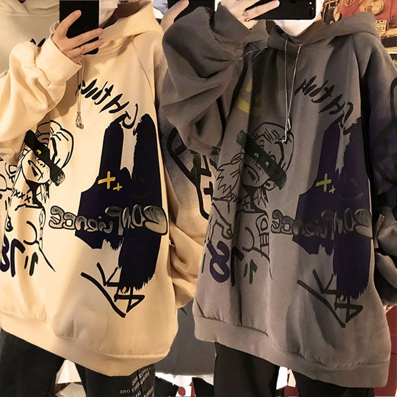 Gbolsos Autumn and winter Korean style trend plus fleece hooded sweater men graffiti hip-hop all-match loose printed coat couple sweater