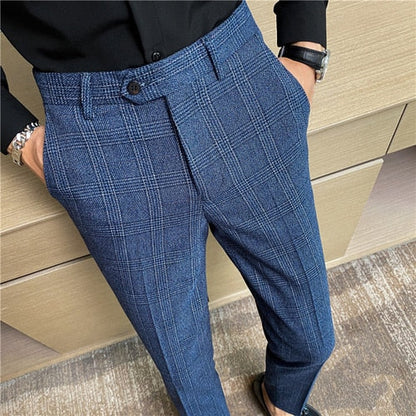 Gbolsos Autumn Winter Plaid Business Dress Pants Men Formal Office Social Suit Pants British Style Casual Slim Fit Trousers Men Clothing