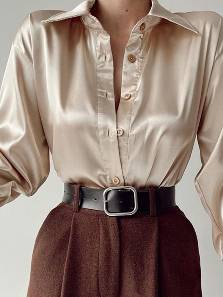 Satin Blouses Women Shirt Button Up Long Sleeve Ladies Tops Vintage Clothes Chic Woman Blouse Collared Shirt Sheer Top Female
