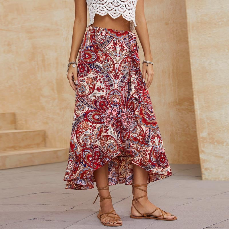 Ruffle Skirt Women Bohemian Skirt Print Irregular Skirts Side Tie Beach Casual Wrap Skirt Women Elegant Midi Skirt Woman Clothes