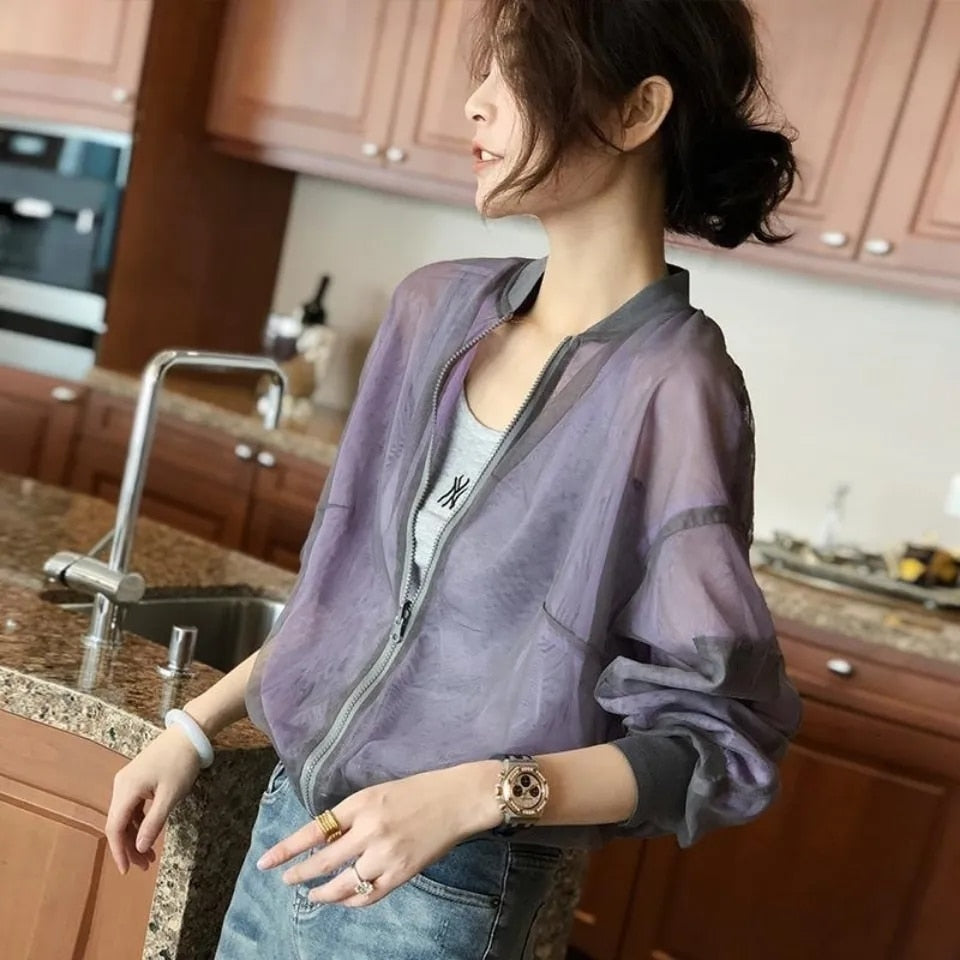Gbolsos Summer Baseball Gauze Cropped Jacket Women Korean Fashion Lightweight Sun Protection Outerwear Long Sleeve Tops Casual Chaquetas