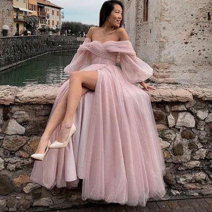 Gbolsos Pink Shiny Tulle Prom Dresses Off The Shoulder Long Puff Sleeve Evening Party Gowns Slit Women Arabia Wedding Dress