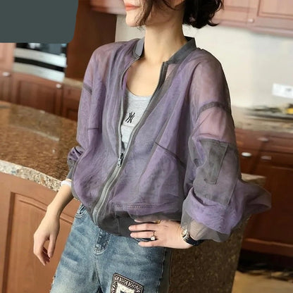 Gbolsos Summer Baseball Gauze Cropped Jacket Women Korean Fashion Lightweight Sun Protection Outerwear Long Sleeve Tops Casual Chaquetas