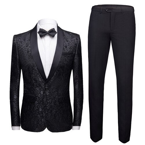 Black Formal Suit Men 2 Piece Set Asian Size 4XL Business Banquet Men Dress Suit Jacket and Pants High Quality Jacquard Fabric