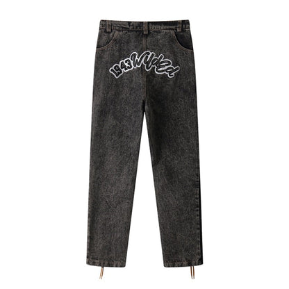 Harajuku Ankle Lace Up Letter Embroidery Jeans Men's Washed Retro Straight Baggy Oversize Denim Trousers Hip Hop Casual Pants