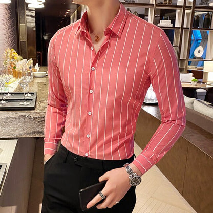 Gbolsos Korea Style Handsome Fashion Mens Shirts Button Down Slim Fit Long Sleeve Striped Shirts Asain Size