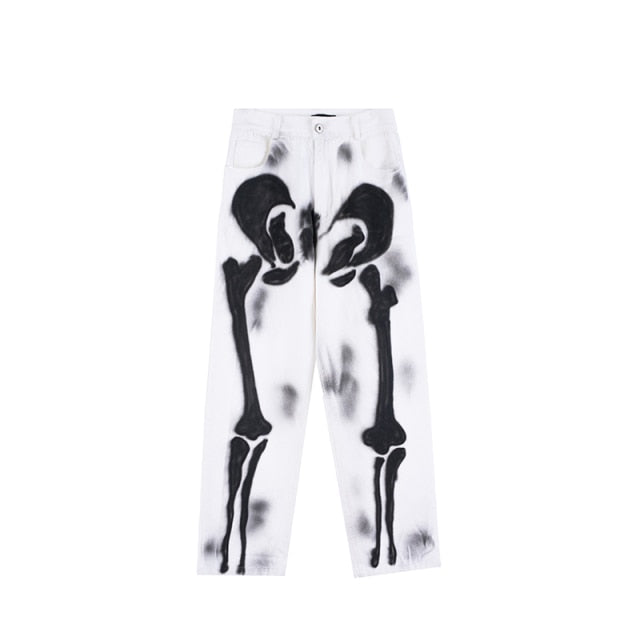 Original Graffiti Skull Print Ripped Jeans for Men Straight Oversize Casual Denim Trousers High Street Loose Distresses Pants