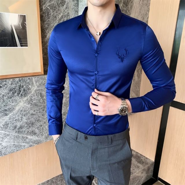 GbolsosSolid Simple Mens Casual Shirt Slim Fit Business Formal Wear Deer Head Embroidery Shirt Men Brand New 2021 Long Sleeve Men Shirt
