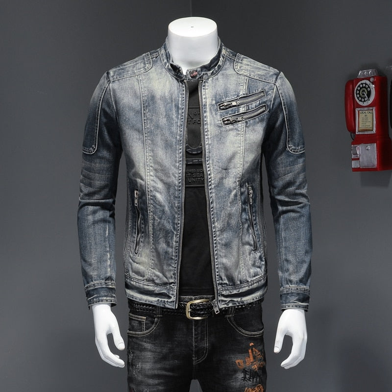 Gbolsos2021 Spring Autumn New Hot Style Denim Jacket for Men  Zippers Solid Color Denim Coat