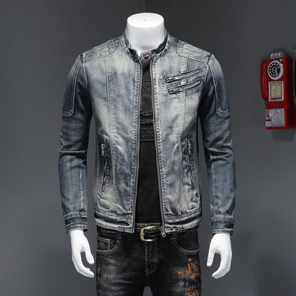 Gbolsos2021 Spring Autumn New Hot Style Denim Jacket for Men  Zippers Solid Color Denim Coat