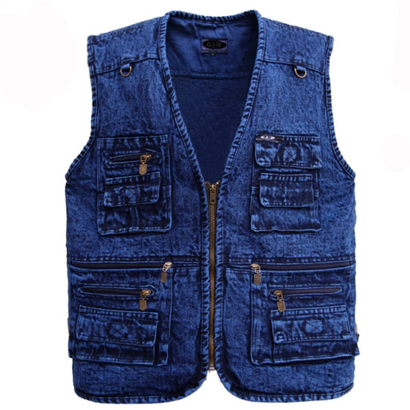 Men's vest Outerwear denim waistcoat deep blue color plus size sleeveless  jacket Multi-pocket size XL to 5XL