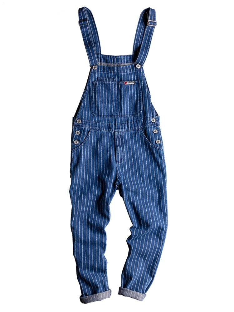 Gbolsos Men's stripe printed blue denim bib overalls Suspenders jumpsuits Coveralls Youth jeans